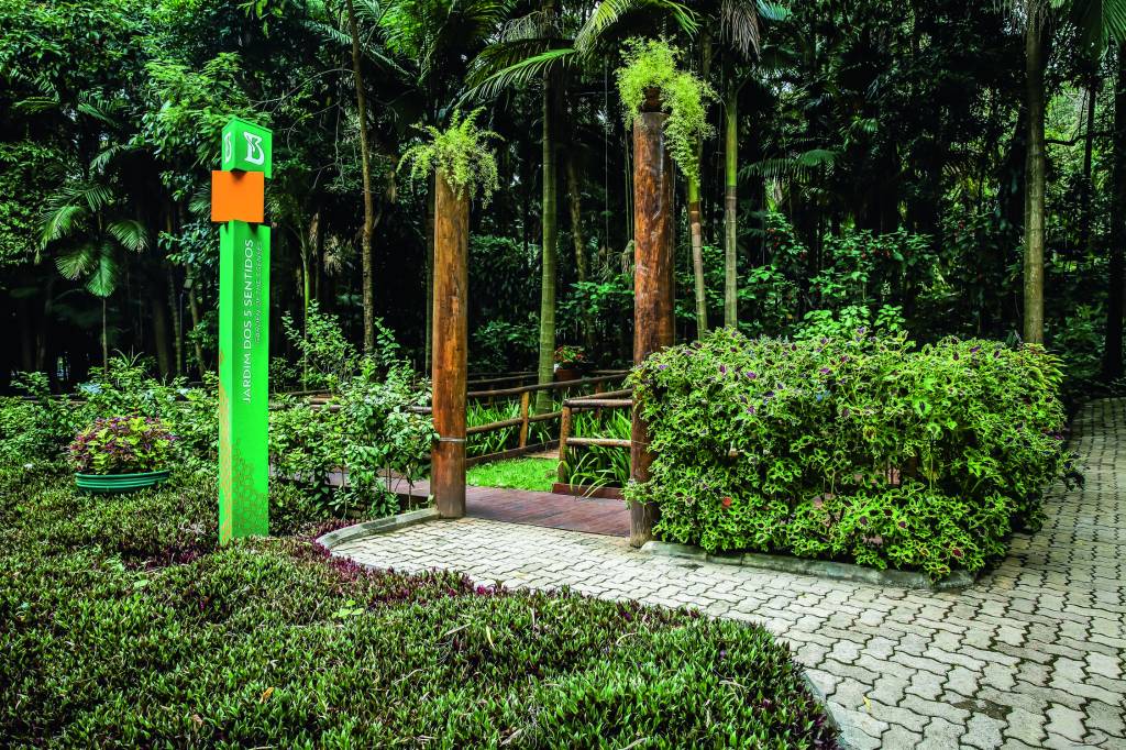 Imagem mostra jardim com diversas plantas. Um totem verde escrito 