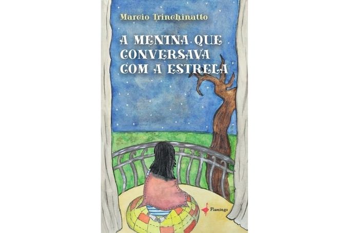 Capa do livro infantil. Uma ilustração de uma menina em frente a uma ampla janela. O céu está estrelado