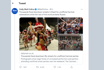 Publicação do Daily Mail que critica Carnaval no Brasil em meio a conflito na Ucrânia