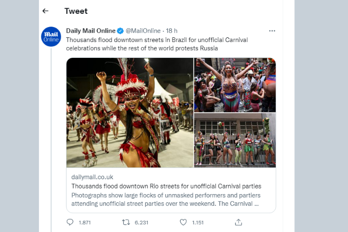 Jornal britânico critica Carnaval no Brasil em meio à guerra na Ucrânia