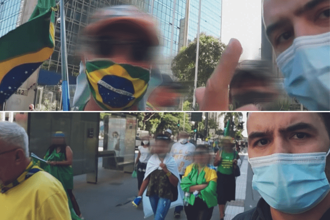 arthur do val Duas imagens, uma em cima da outra, mostra homem entrevistando pessoas vestidas de roupas com a bandeira do Brasil, em uma calçada.