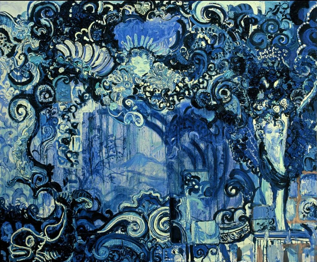 Azulejos – Adriana Varejão Imagem mostra pintura sobre azulejos azuis e brancos.