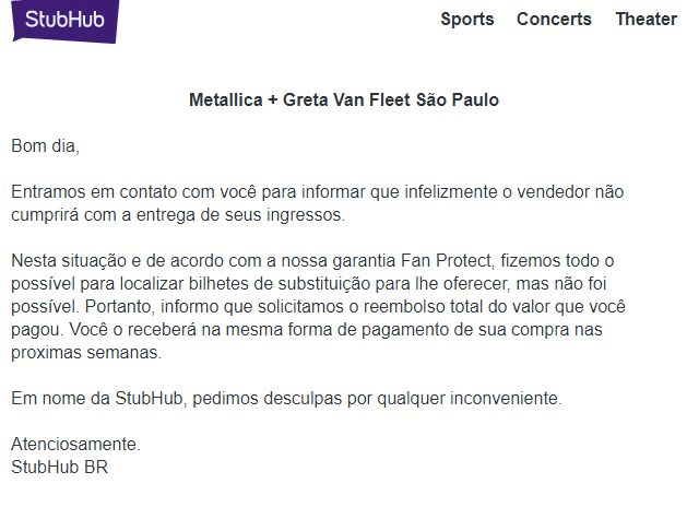 metallica stubhub Imagem mostra comunicado em fundo branco.