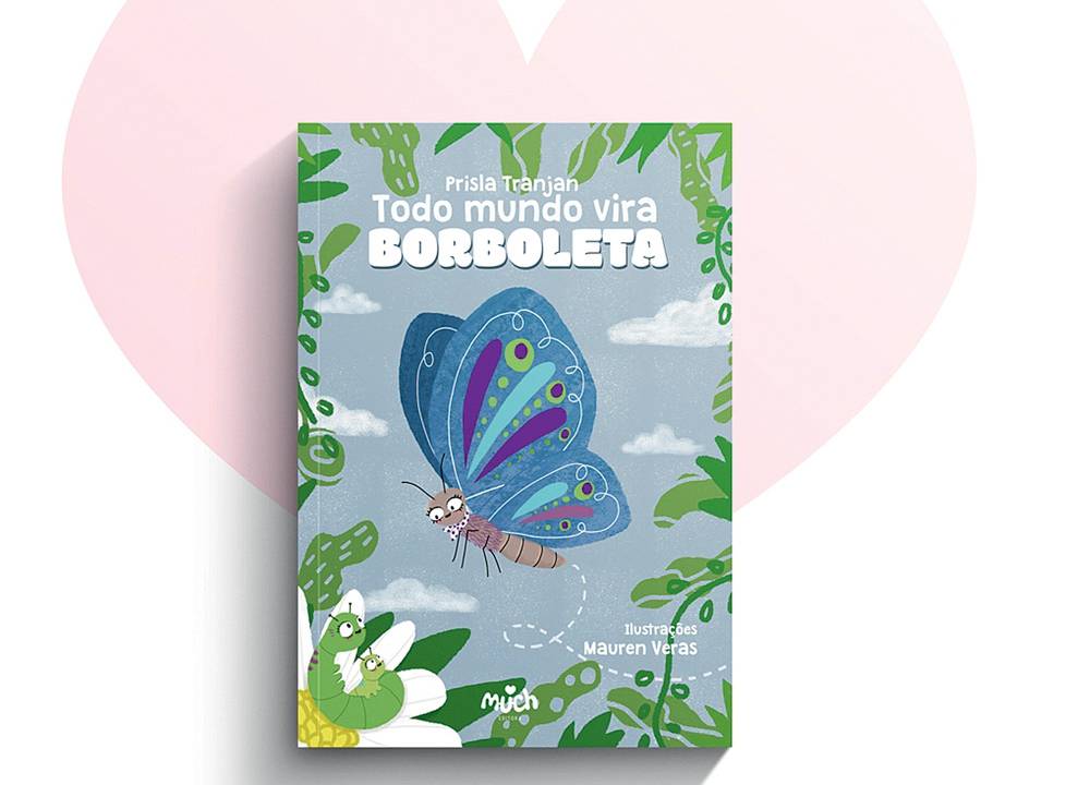 Capa do livro. Uma borboleta azul sobrevoa uma flor branca onde uma lagarta verde está deitada