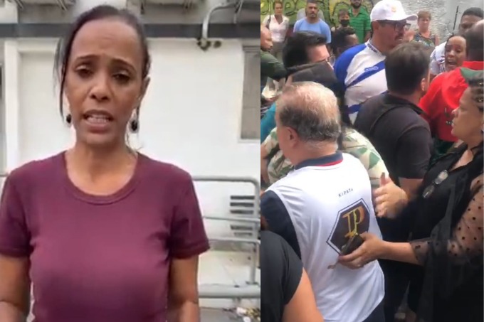 Imagem dividida mostra mulher usando camiseta cor de vinho. Na outra uma confusão, ocm várias pessoas próximas