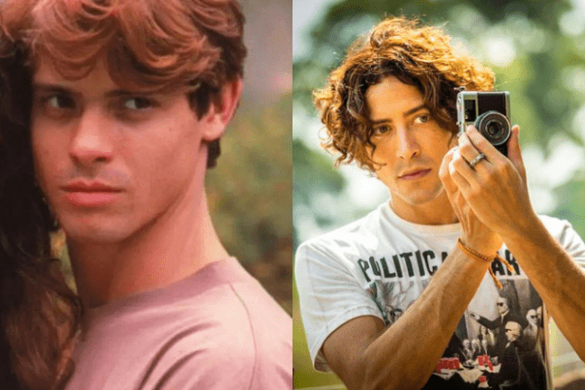 jove Imagem mostra dois homens de franja e camiseta. O da direita está com uma câmera na mão.