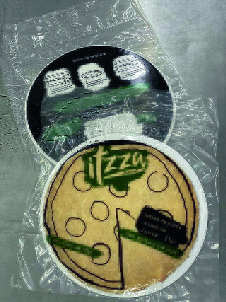 Itzza Massa de pizza previamente assada e embalada em plástico com detalhes impressos em tons de verde escuro