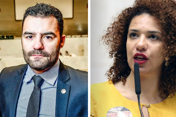 Imagem mostra, à esquerda, Arthur no plenário da Alesp, usando terno e gravata e, à direita, Monica discursando no plenário, atrás de microfone