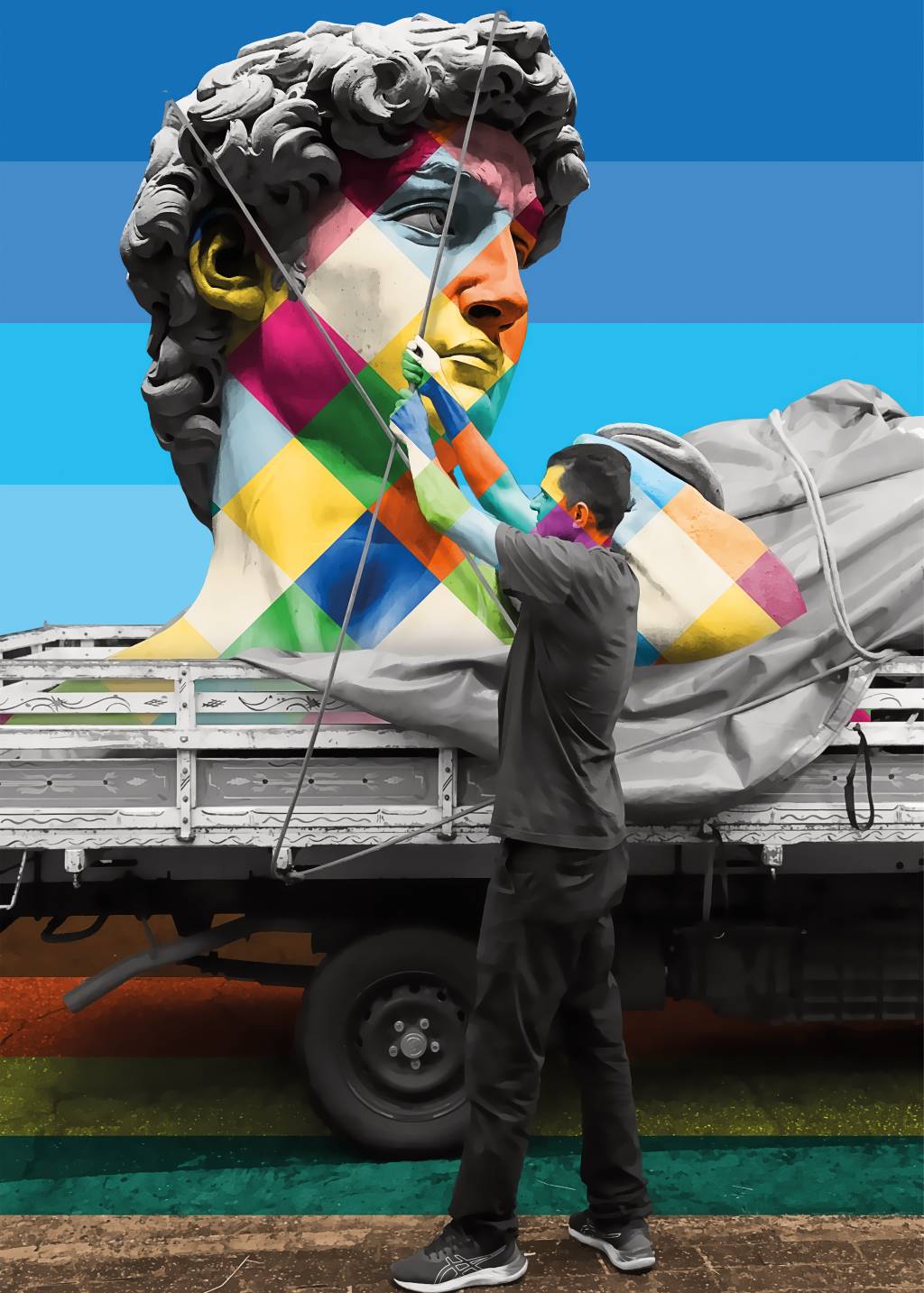 Caminhoneiro-Filtro Obra especial de Kobra para 8ª edição da Exposição da Paulista. Foto exibe caminhoneiro mexendo em traços de Davi colorido em um caminhão.