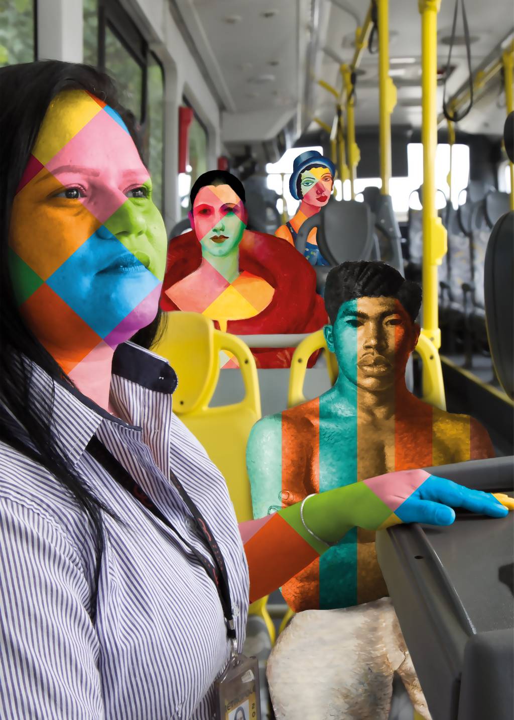 Cobrado de Onibus Obra especial de Kobra para 8ª edição da Exposição da Paulista. Imagem exibe cobradora de ônibus com traços coloridos no rosto.