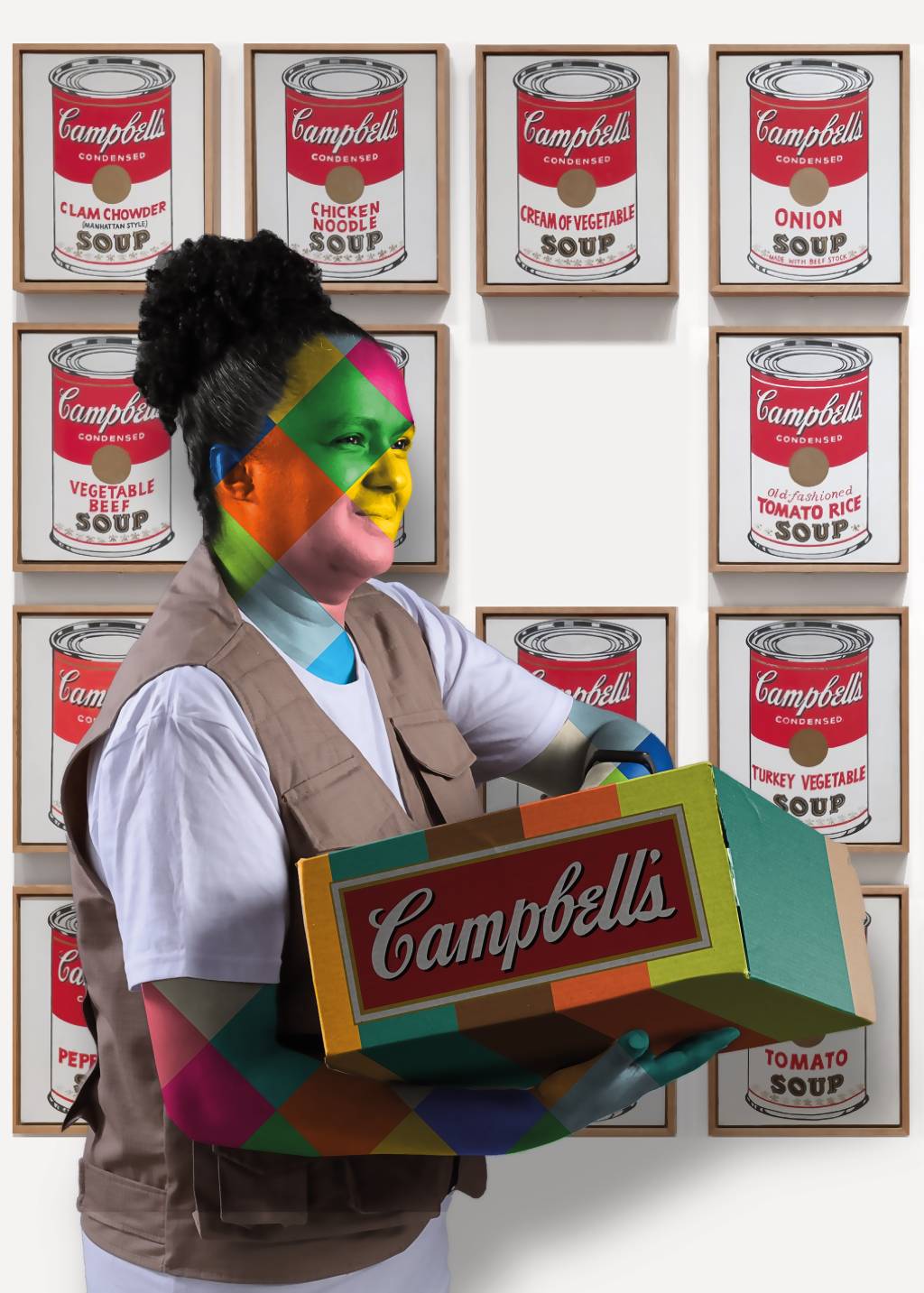 Comerciário Obra especial de Kobra para 8ª edição da Exposição da Paulista. Foto exibe mulher colorida segurando caixa Campbell's.