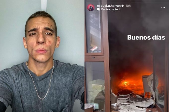 Miguel Herrán e uma captura de tela do vídeo em que ele mostra sua casa incendiada