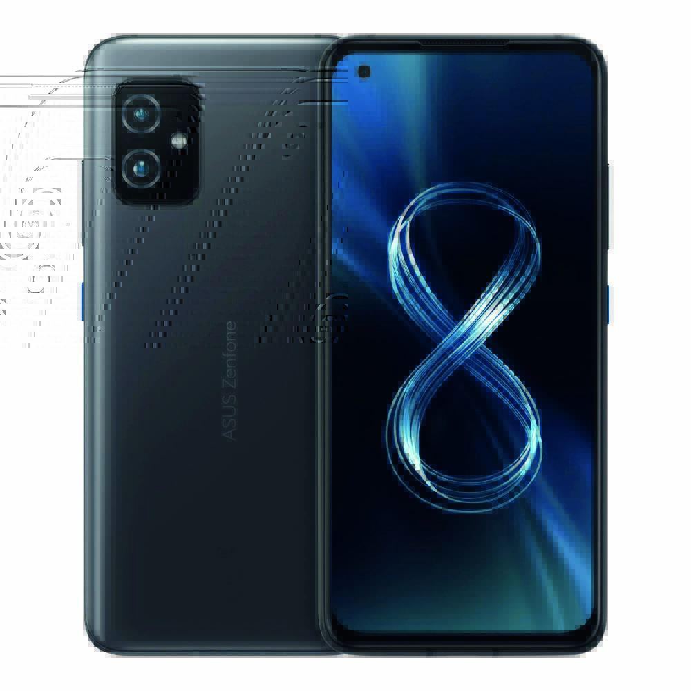 zenfone Zenfone 8. Um smartphone preto e fino, com tela azul. Ele é visto pela parte da frente e pela parte de trás