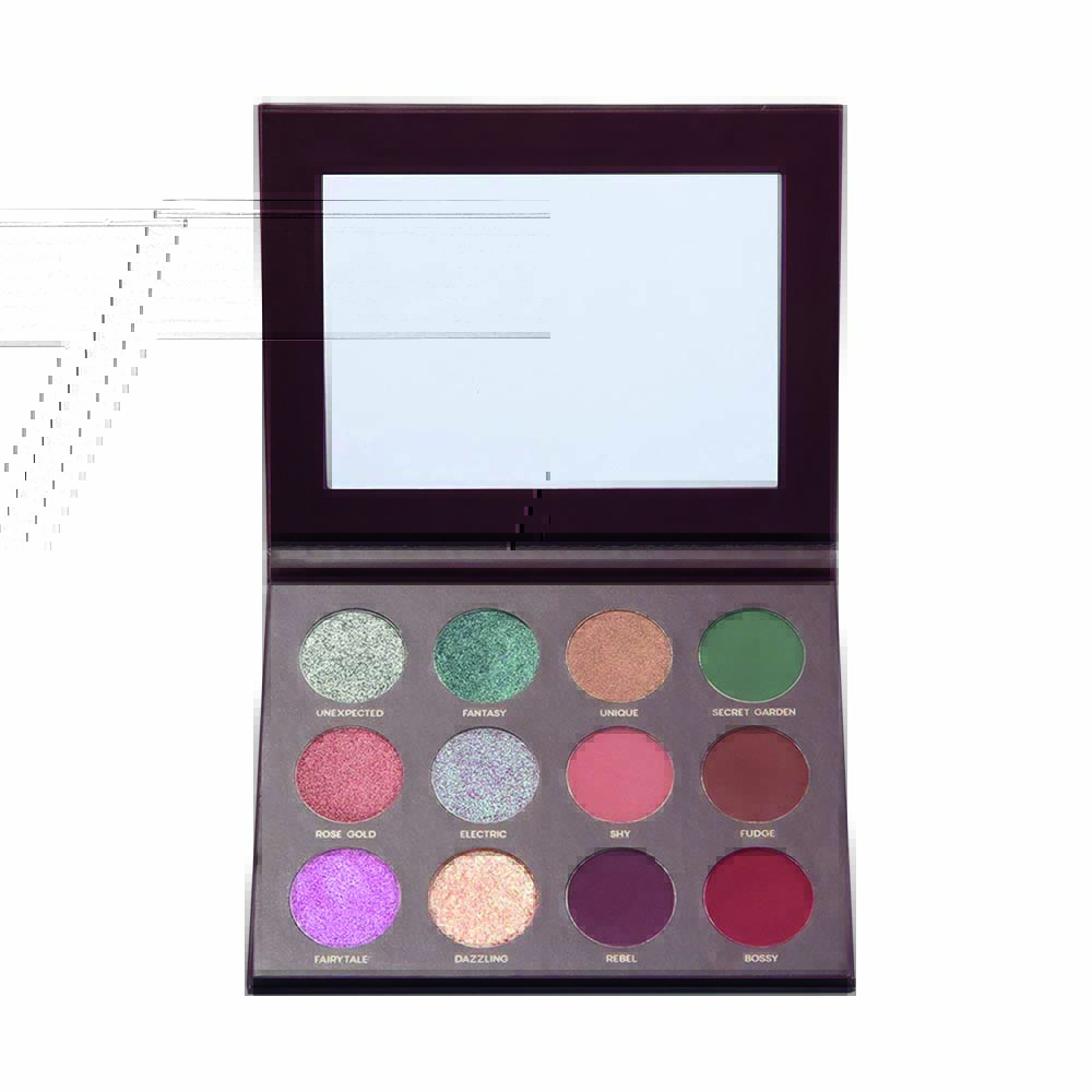 paleta Paleta de sombras com doze tons frios, alguns com glitter