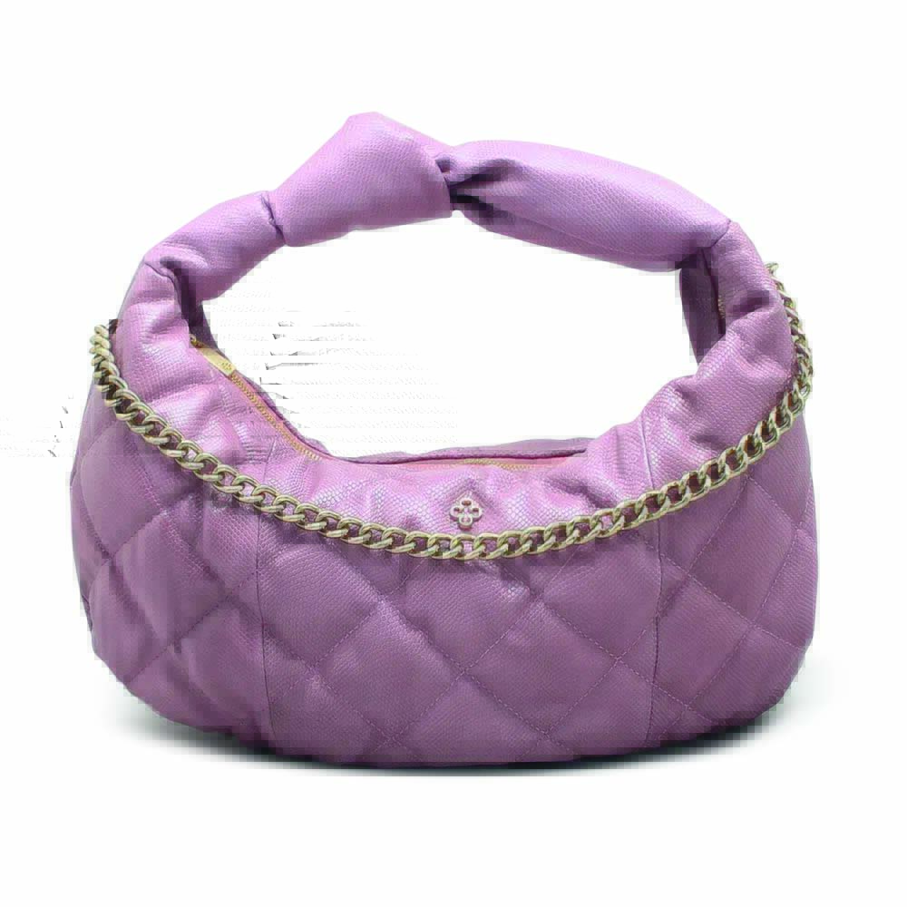 bolsa Bolsa de couro com alça única curta lilás. Tem uma corrente prateada na frente