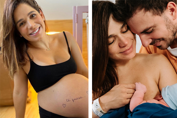 Montagem mostra, à esquerda, Sabrina em foto ainda grávida, com barriga de 9 meses; à direita, ela e o marido olham o bebê, Léo, que é amamentado