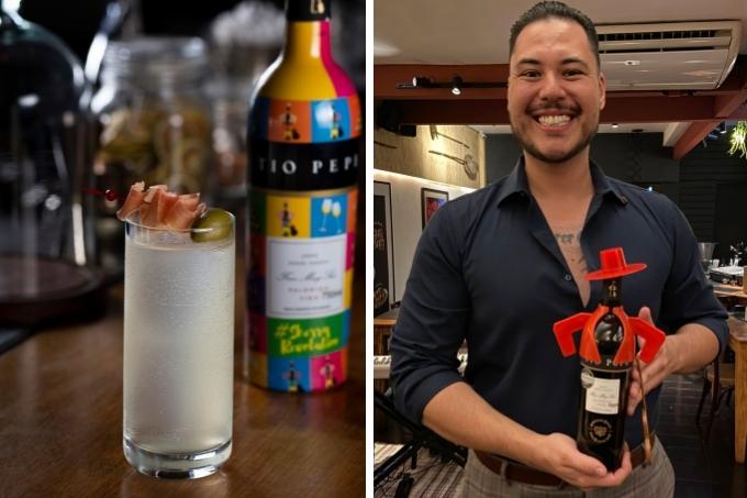 Montagem de duas fotos: à esquerda, a foto de um drinque de cor clara servido em um copo alto e com guarnição de presunto e azeitona verde; à direita, bartender posa segurando uma garrafa de vinho jerez