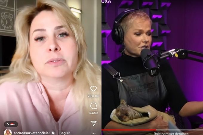 Captura de tela de vídeo no Instagram da ex-paquita Andréa Sorvetão ao lado de captura de tela de Xuxa Meneghel no podcast Papagaio Falante