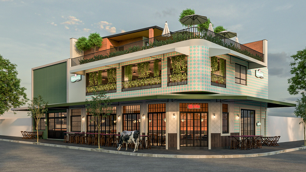 Projeto de um prédio de esquina branco com amplas portas e janelas e detalhes em verde