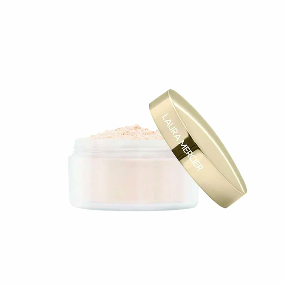 P&oacute; fixador transl&uacute;cido em frasco redondo transparente com tampa dourada