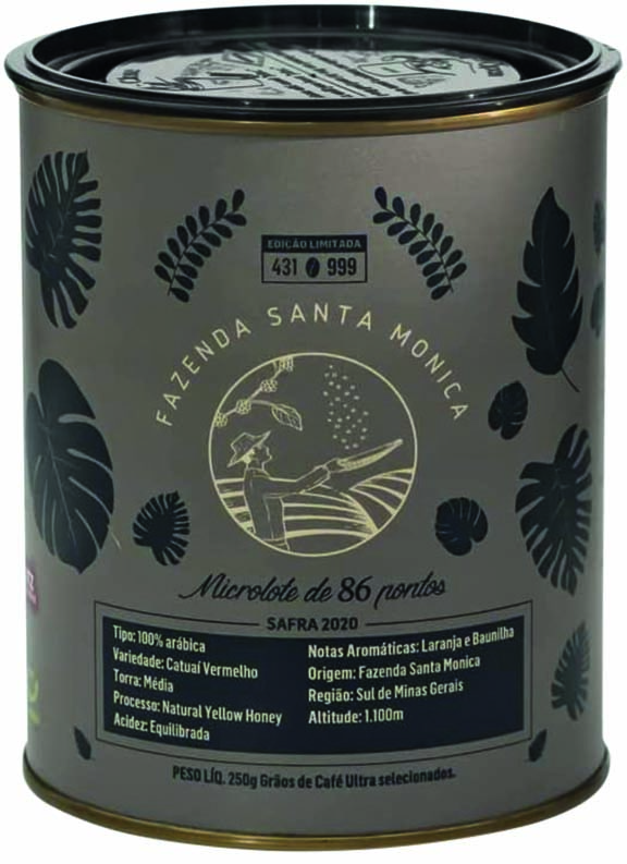 Lata de gr&atilde;os de caf&eacute; cil&iacute;ndrica cinza com desenhos de folhas e detalhes com preto e dourado