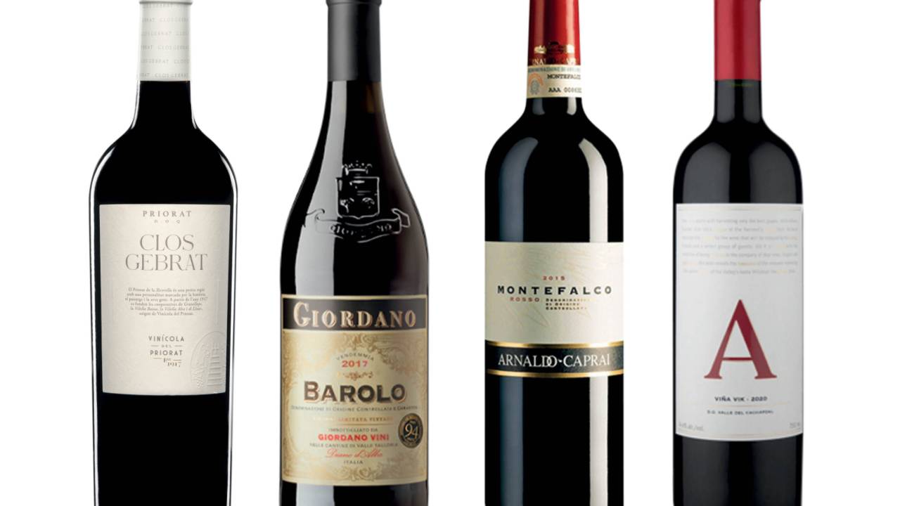 Garrafas de Arnaldo Caprai MontefalcoRosso DOC 2017, Giordano BaroloDOCG 2017, Clos Gebrat Priorat DOCa 2019 e Vik A 2020