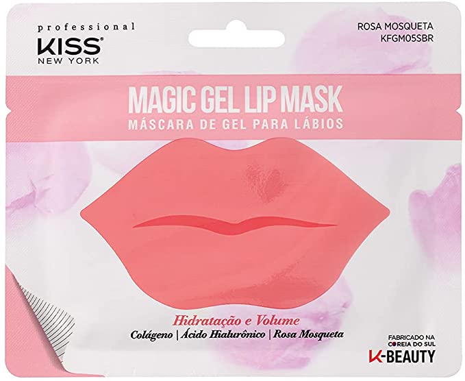Kit de m&aacute;scara para l&aacute;bios em embalagem de pl&aacute;stico rosa, com uma ilustra&ccedil;&atilde;o de l&aacute;bios na frente