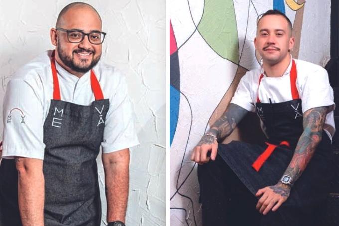 Montagem com dois retratos: à esquerda, o chef Marco Aurélio Sena e, na foto à direita, o chef Gustavo Prado