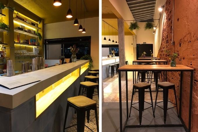 Montagem com duas fotos do ambiente interno de um bar