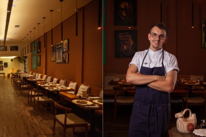 Ambiente do Caos Brasilis e o chef Bruno Hoffmann à direita, de braços cruzados e sorrindo.