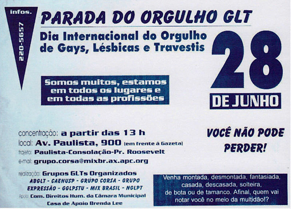 Cartaz da 1a Parada – Acervo APOLGBT-SP.jpg Imagem mostra cartaz em preto e branco escrito com informações sobre uma Parada LGBT.
