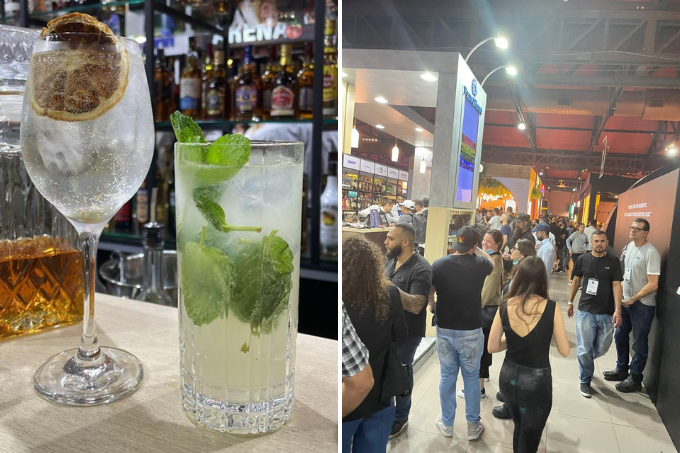 Duas imagens. À esquerda, dois drinks em um bar. À direita, pessoas andando em corredor de evento.