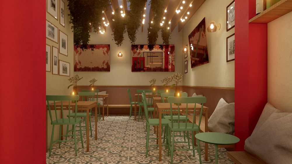 Stasera Projeto 3D do ambiente interno do restaurante Stasera