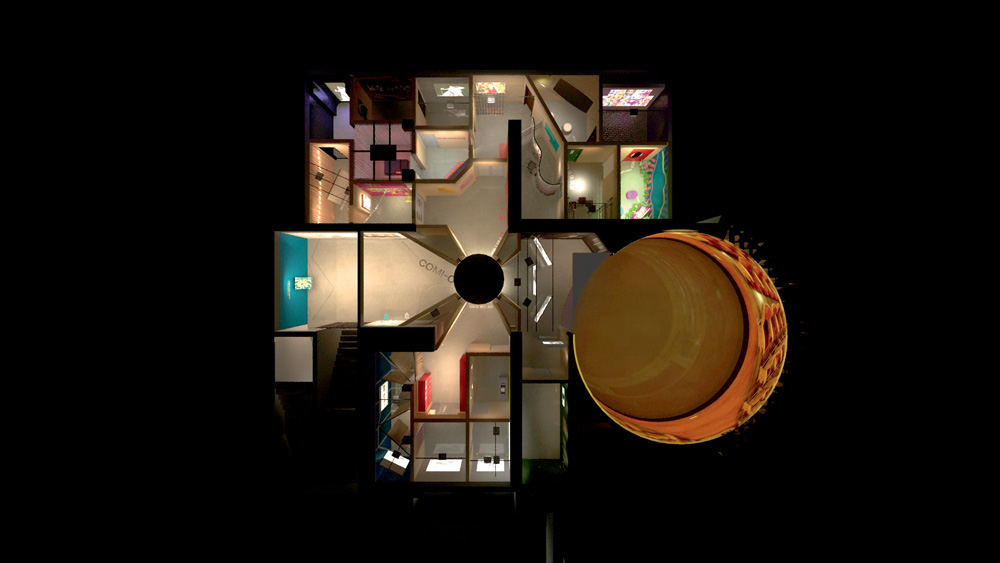 Maquete 3D Crédito MIS.jpg Imagem mostra representação 3D de maquete de espaço com diversas salas e uma sala redonda, no canto direito