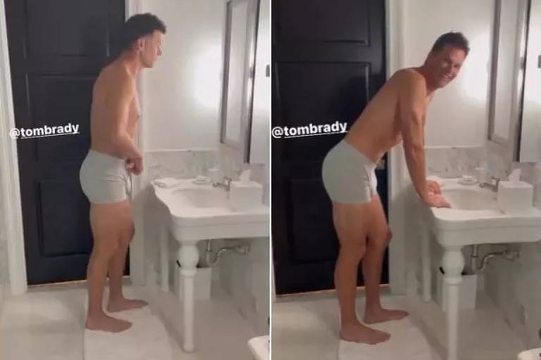 Tom Brady é mostrado de cueca por Gisele Bündchen – Reprodução Tom Brady de pé em frente a pia, só de cueca cinza claro.