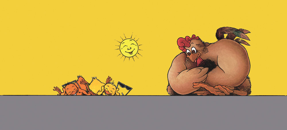 a nuvem ilustra 1 press (1).jpg Ilustração de uma galinha observando sentada seus dois filhos pintinhos deitados no chão sob um sol sorridente