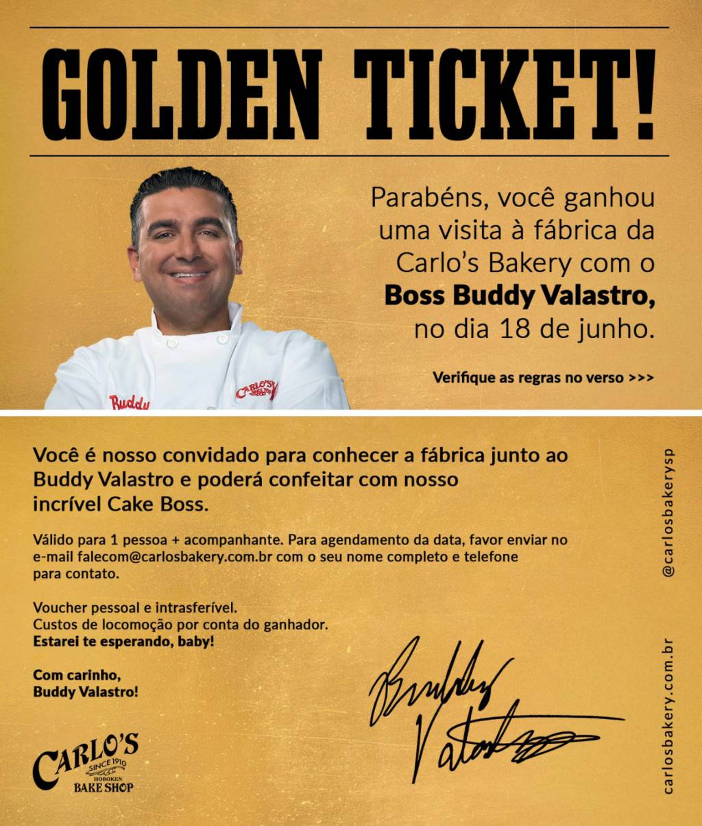 Buddy Valastro Arte do bilhete dourado da Carlo's Bakery