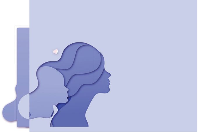 Desenho de um perfil feminino virado de lado e outro menor contorna o cabelo