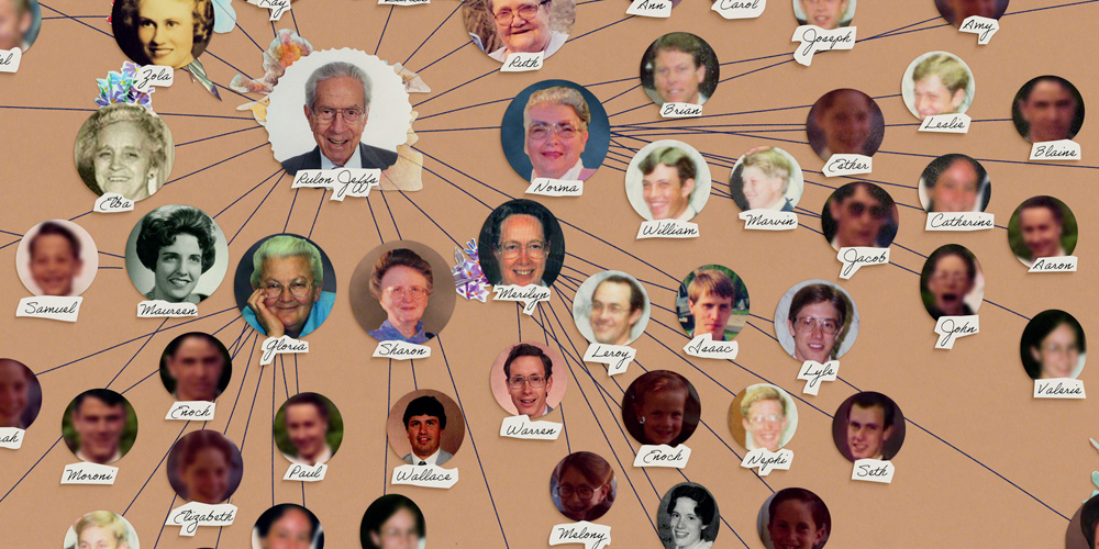 Imagem mostra um esquema sobre fundo bege com diversas fotos unidas por linhas pretas