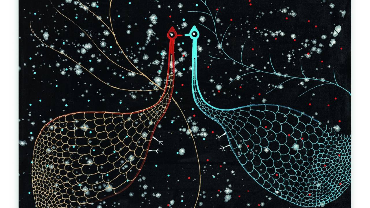 Potência indígena: "Os Avós das Aves" (2021), de Jaider Esbell, é uma das telas expostas pela galeria Millan