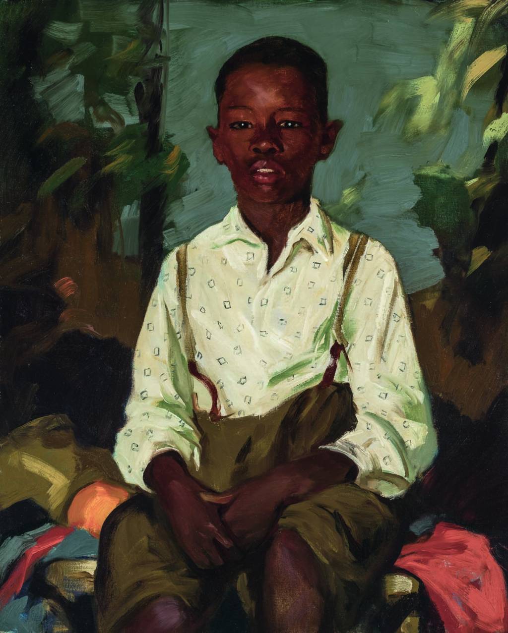 Sylvester, 1914 (©TERRA FOUNDATION FOR AMERICAN ART, CHICAGO) Menino negro com camisa branca e calça marrom posa sentado em pintura.