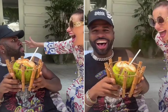 Montagem com duas fotos de um mesmo vídeo com Jason Derulo e Narcisa rindo