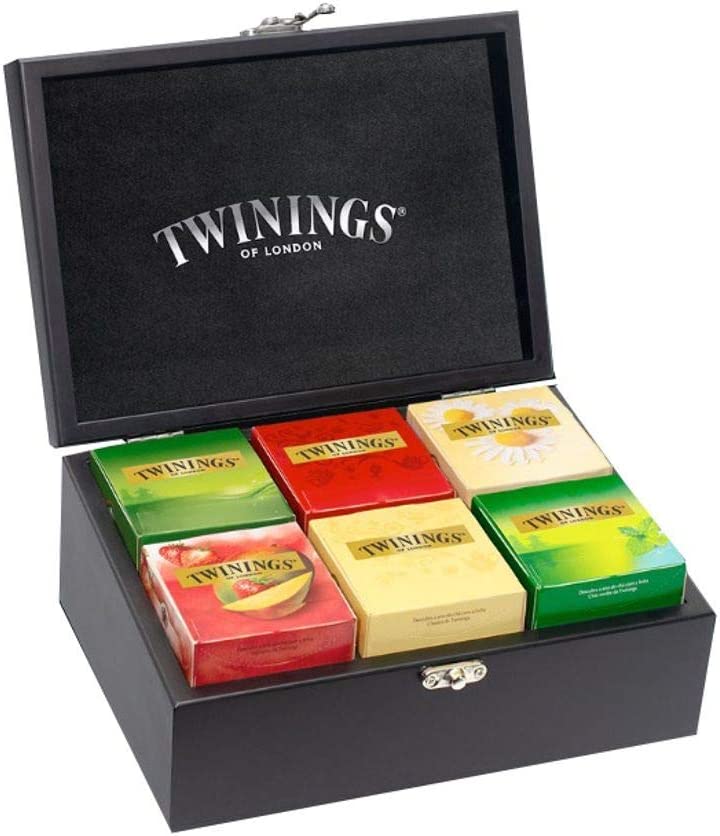 Caixa de madeira com caixas de chá Twinings