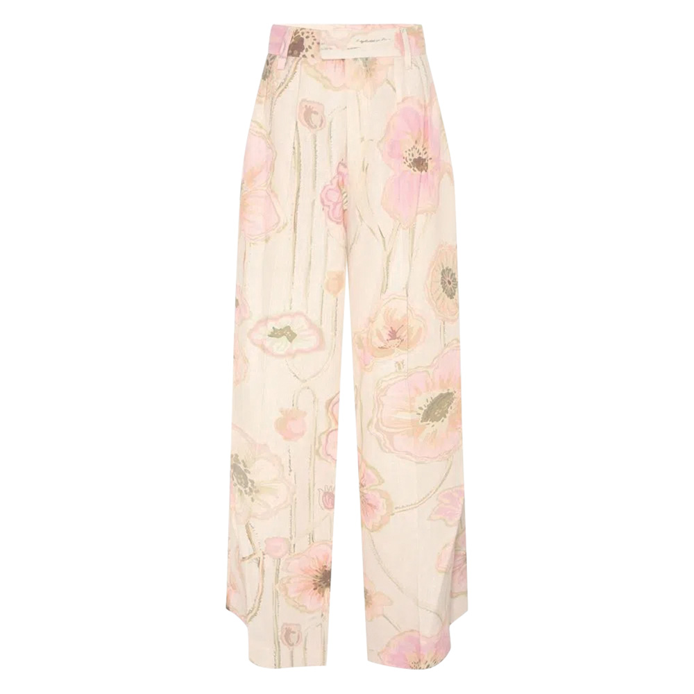 Calça rosa e branca com flores estampadas