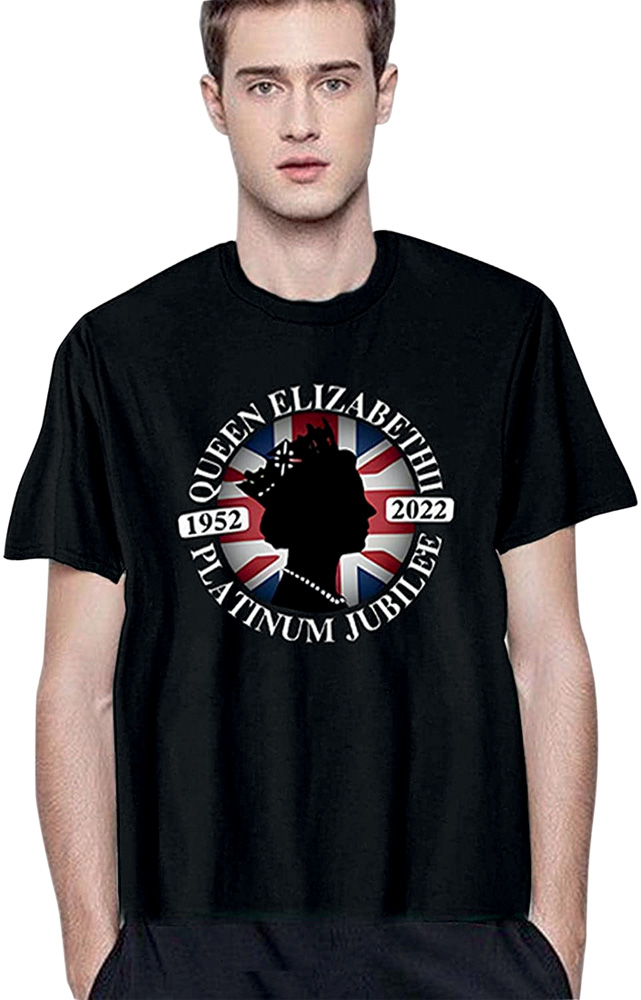 camiseta masculina.jpg Camiseta preta com estampa em comemoração ao Jubileu de Platina da Rainha