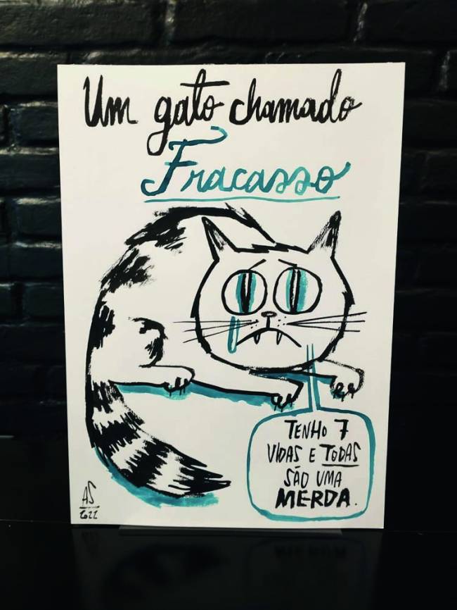 Allan Sieber 2 Desenho de Allan Sieber em preto e branco mostra gato chorando. O título é