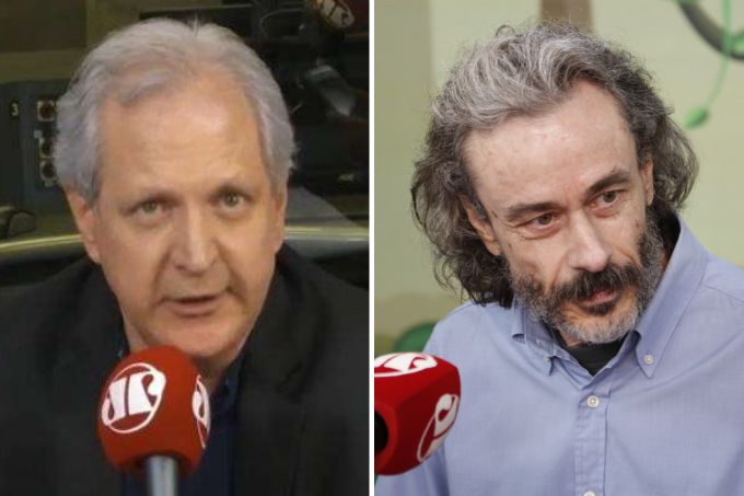 Montagem com fotos de Augusto Nunes e Guilherme Fiuza diante de microfone da JP