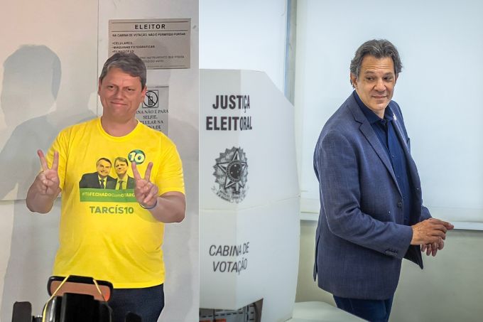À esquerda, Tarcísio, que saiu na frente no primeiro turno das eleições; à direita, Haddad momentos após votar no dia 2 de outubro