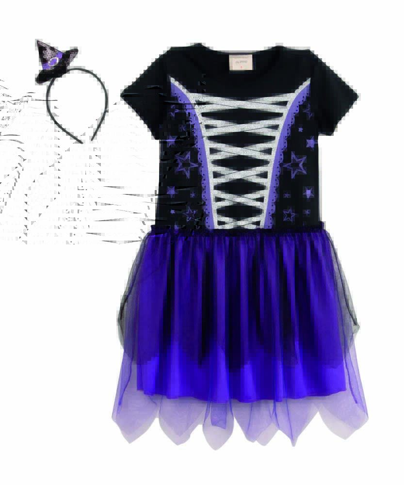 Vestido infantil bruxinha.jpg Vestido infantil preto e azul de bruxa. Acompanha tiara com mini chapéu
