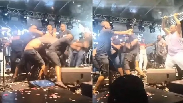Montagem duas fotos de homens se agredindo, em cima do palco